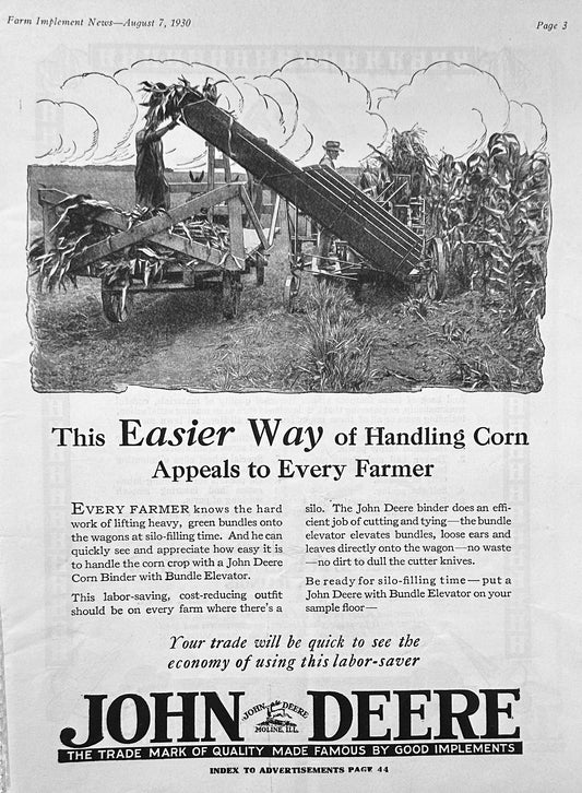 1930 John Deere Corn Binder and Bundle Elevator & Herschel Lawn Mower Ad #1212