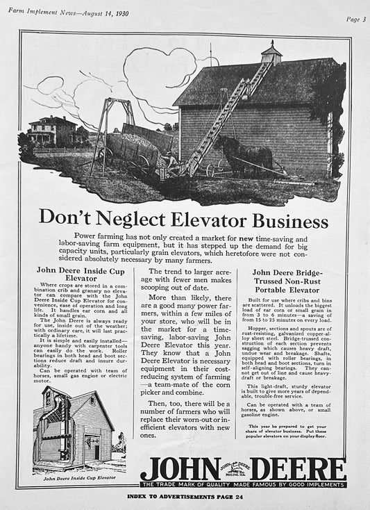 1930 John Deere Inside Cup Elevator & McCormick-Deering Industrial Tractor AD #1213