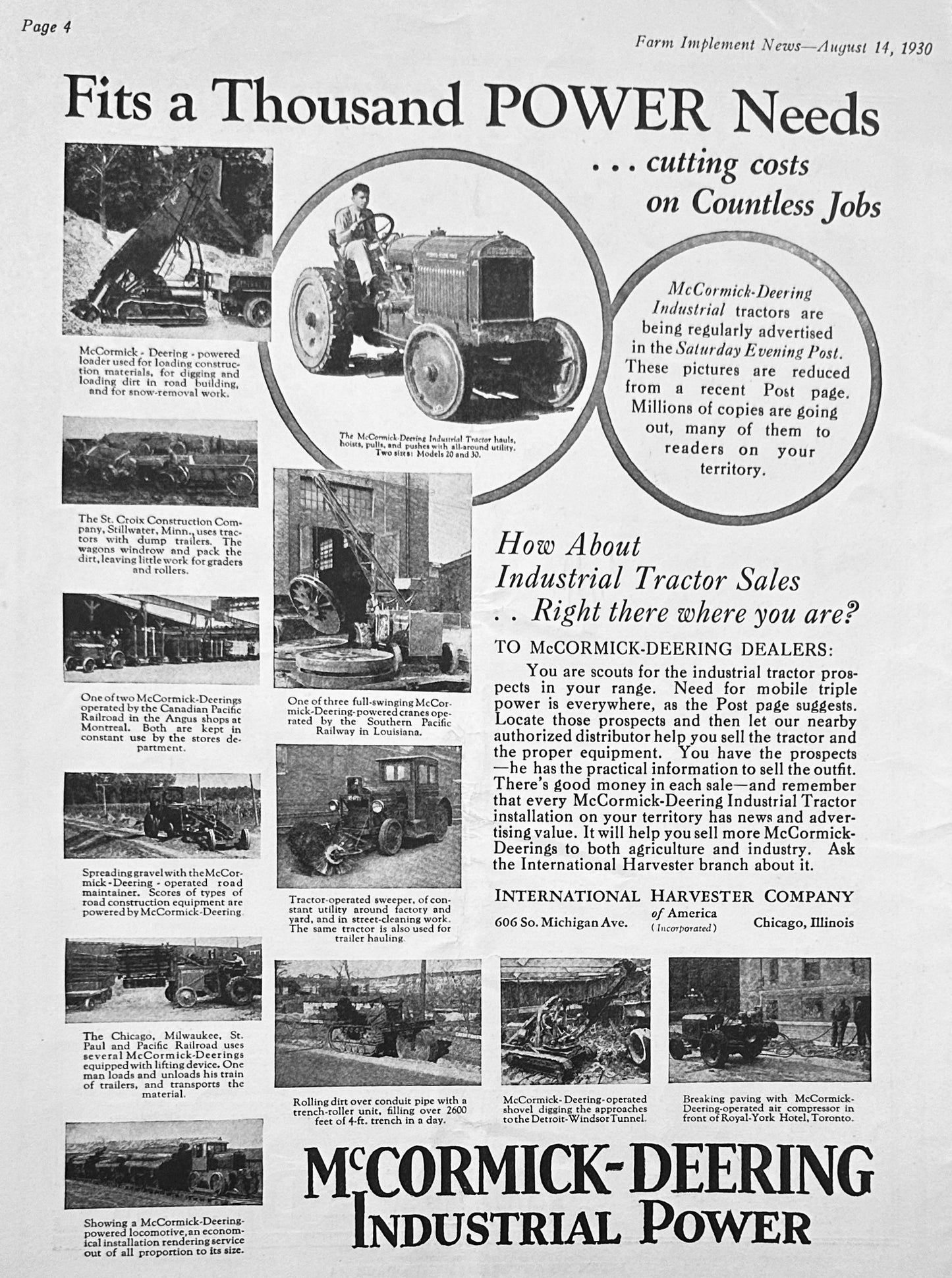 1930 John Deere Inside Cup Elevator & McCormick-Deering Industrial Tractor AD #1213