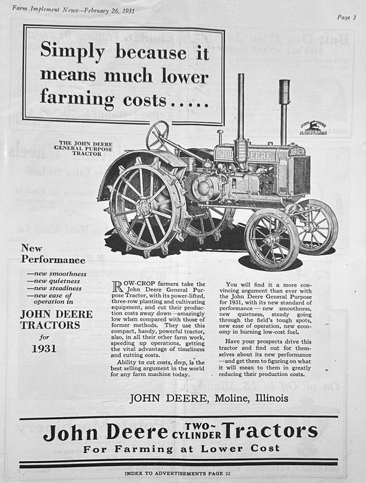 1931 John Deere General Purpose Tractor Row Crop Ad #1214