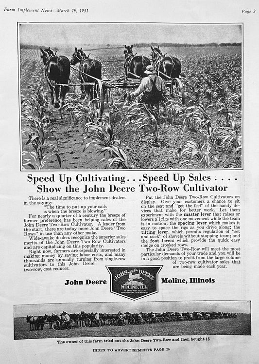 1931 John Deere Horse-Drawn Two-Row Cultivator - Farmer Buys 15! Ad #1215