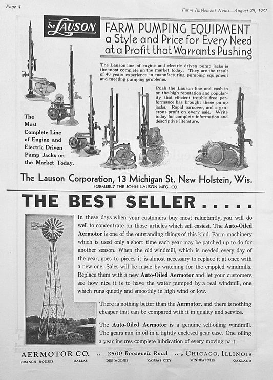 1931 John Deere Elevator Business & Auto-Oiled Aermotor Ads #1216