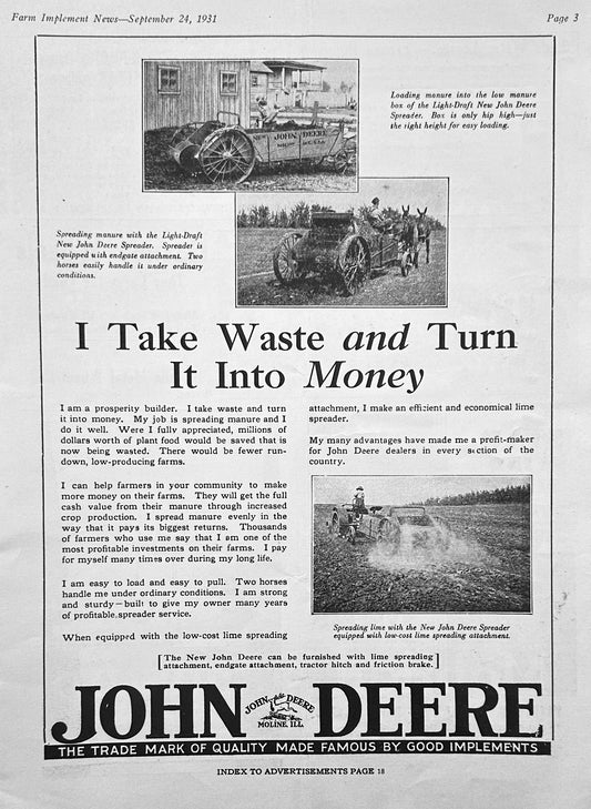 1931 John Deere Light-Draft Horse-Drawn Spreader Vintage Ad #1218
