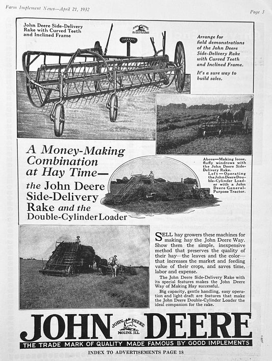 1932 John Deere Combo Side Delivery Rake & Double-Cylinder Loader AD #1219