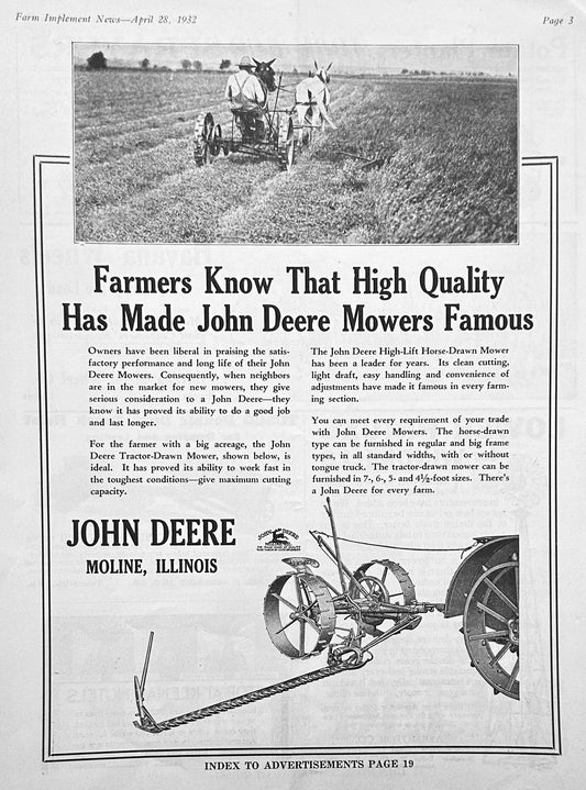 1932 John Deere Mowers - Horse-Drawn - Vintage Ad #1220