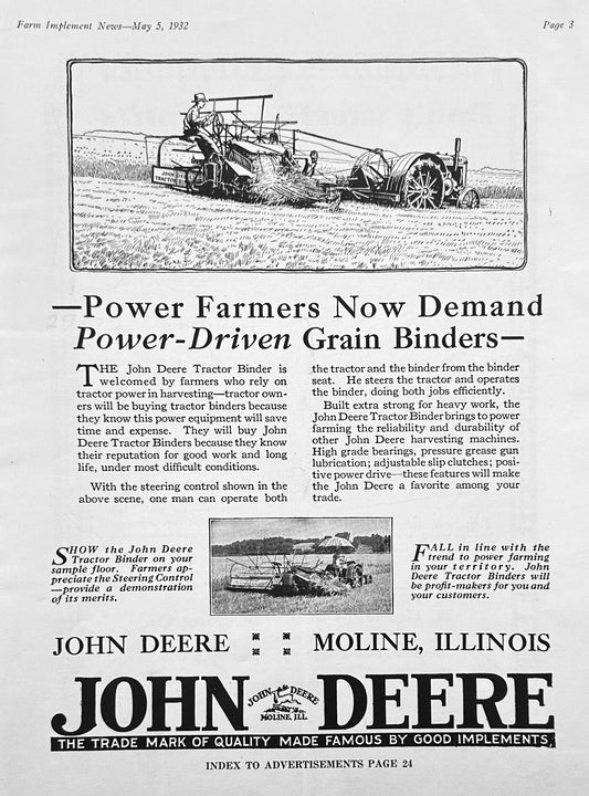 1932 John Deere Power-Driven Grain Binders  & Herschel Mowers Vintage Ad #1221