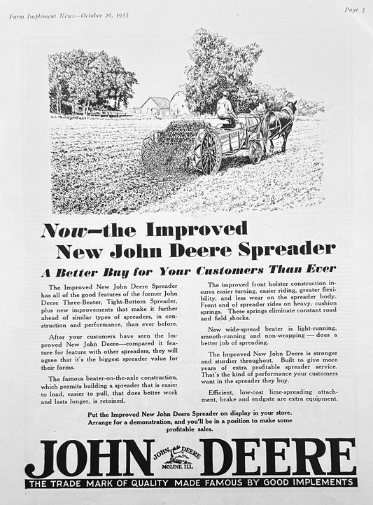 1933 John-Deere Horse-Drawn Spreader & McCormick All-Steel Spreader Ad #1225