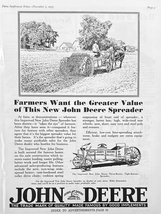 1933 John-Deere Improved 3-Beater Tight Bottom Spreader #1226