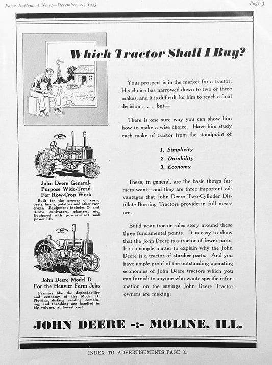 1933 John Deere Which Tractor to Buy & Oliver 3 Kinds of Farmers Ad #1227