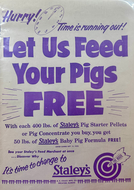 1955 Staley's Pig Starter & Baby Pig Formula - Feed Ad #1229