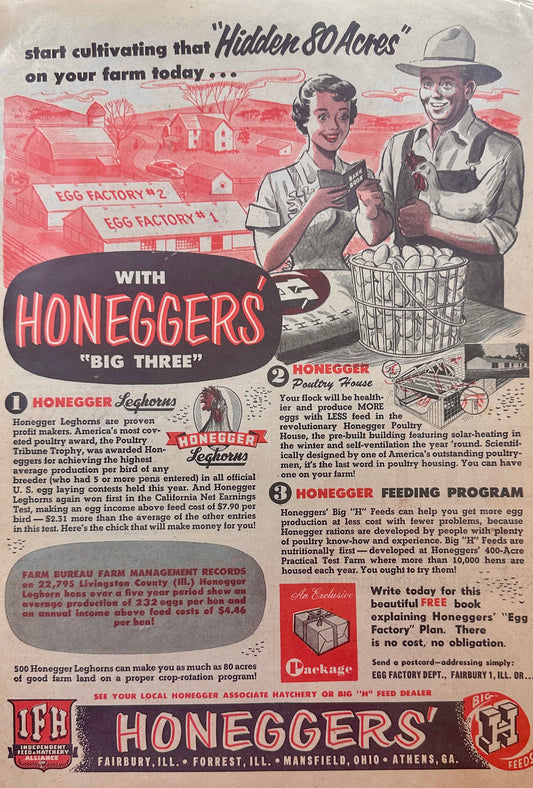 1955 Honegger's "Big Three" Leghorns, Poultry House, Feeding Vintage Ad #1232