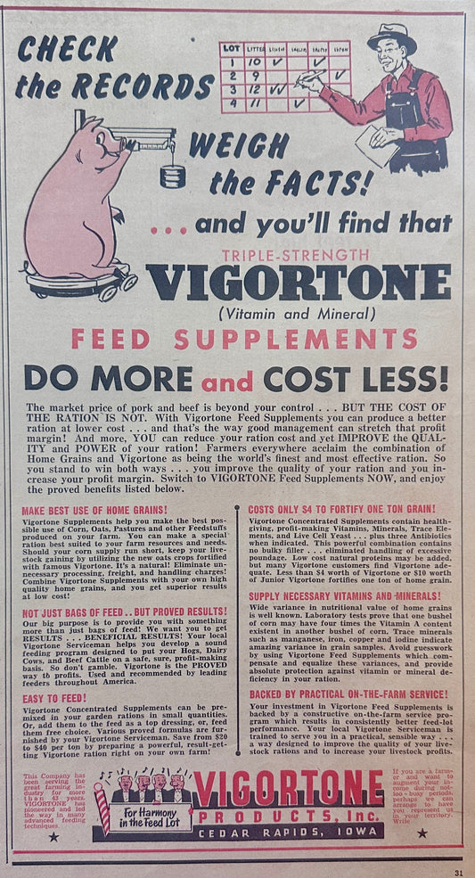 1955 Vigortone Products - Feed Supplements - Cedar Rapids, IA Ad #1235