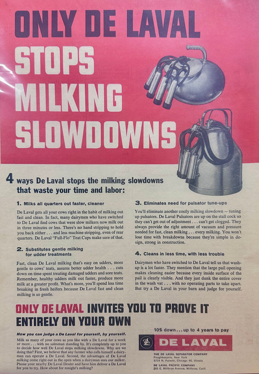 1959 Only DeLaval Stops MIlking Slowdowns Vintage Ad #1240