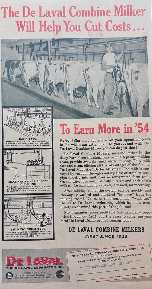 1954 De Laval Combine Milker Cuts Costs To Earn More Ad #1241