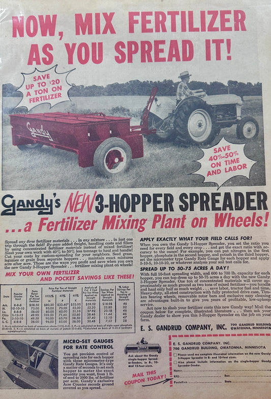 1954 Gandy's New 3-Hopper Spreader - Mixing Plant on Wheels Ad #1245
