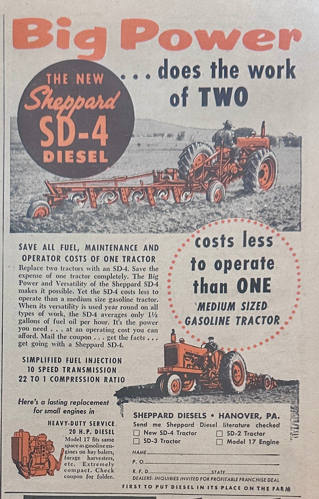 1954 Sheppard SD-4 Diesel Tractor Hanoer, PA Vintage Ad #1250