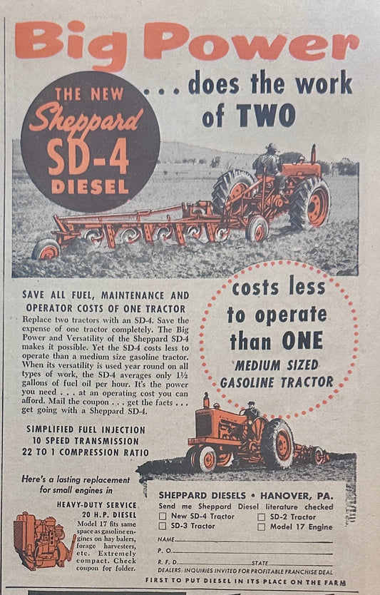 1954 Sheppard SD-4 Diesel Tractor Hanoer, PA Vintage Ad #1250