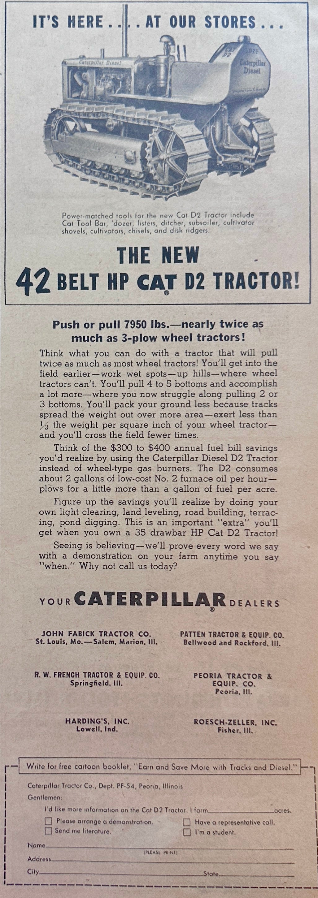 1954 Cat 42 Belt HP D2 Tractor from Caterpillar Ad #1251