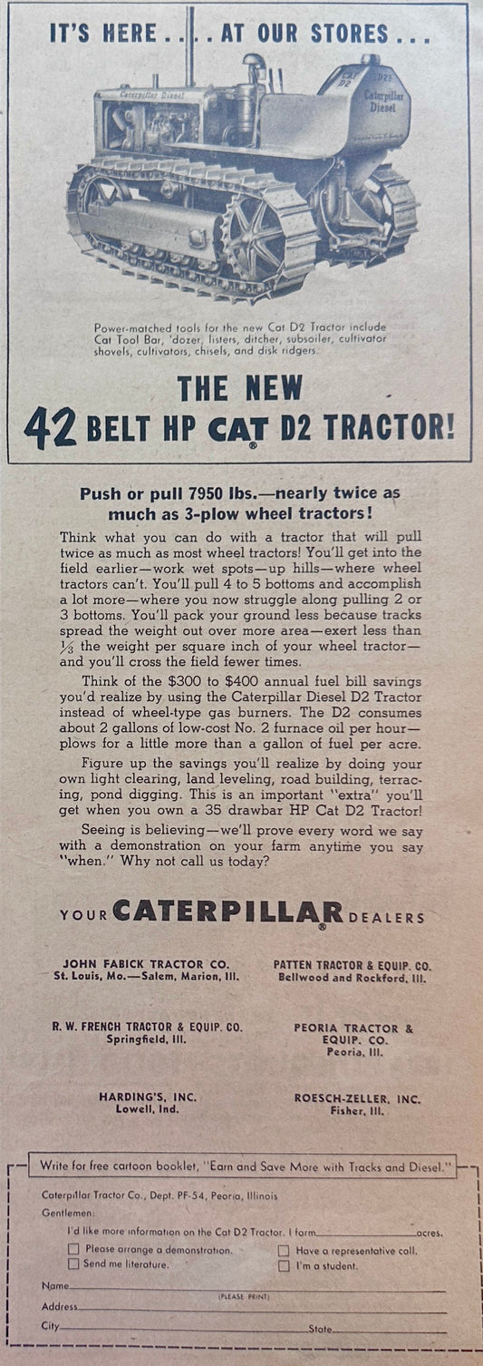 1954 Cat 42 Belt HP D2 Tractor from Caterpillar Ad #1251