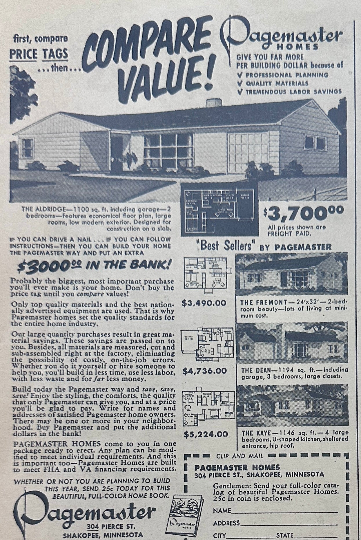 1954 Pagemaster Homes 4 Models Shown Shakopee, MN Ad #1261