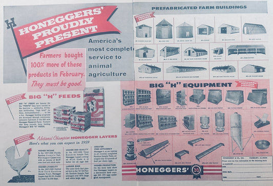 1959 Honegger's 2- Page Feed Ad Food - Buildings - Equipment AD #1263