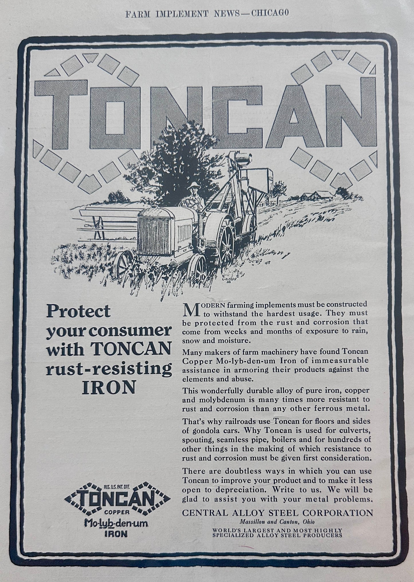 1929 TONCAN Rust-Resisting Iron - Antique Tractor Ad #1269