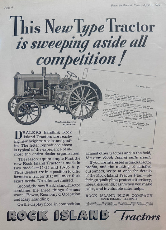 1930 Rock Island Tractor 6 Myers Power Pumps Vintage Ad #1277