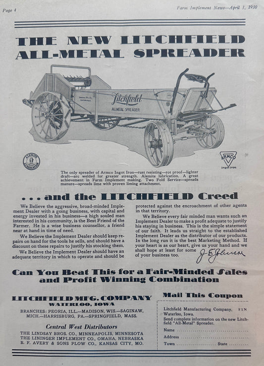 1930 Litchfield All-Metal Spreader & John Deere 2-Row Horse Drawn Cultivator Ad #1278