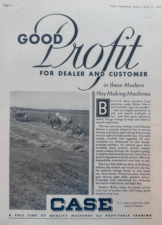 1930 J.I. Case Modern Haying Machines & Myers Water Systems Ad #1285