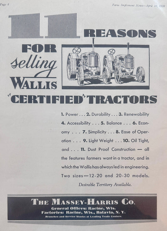 1930 Wallis - Massey-Harris - John Deere Vintage AD #1286