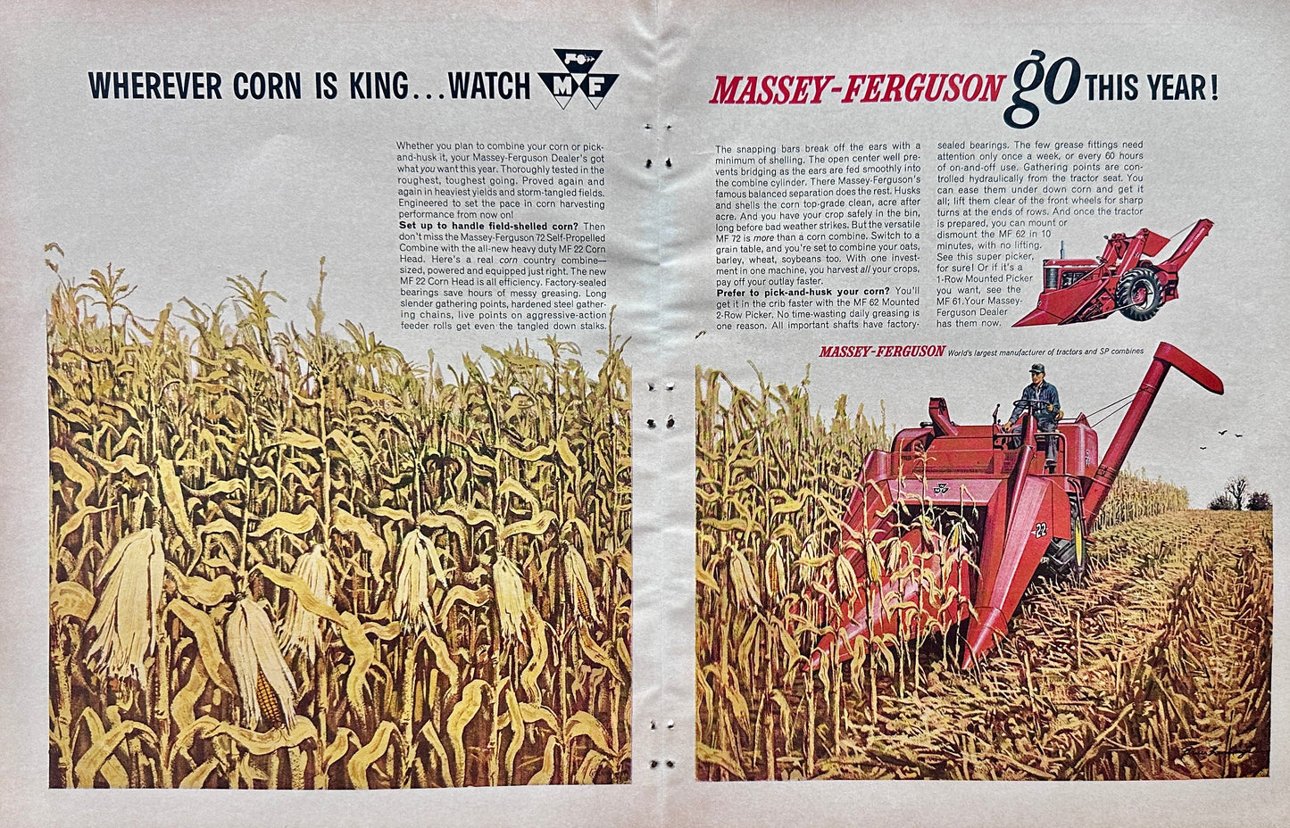 1962 Massey-Ferguson 72 Combine with MF22 Corn head Centerfold Ad #1292