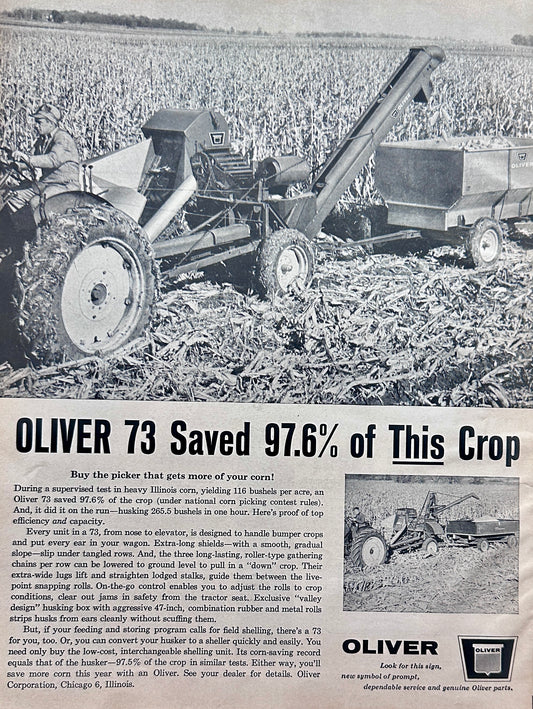 1962 Oliver 73 Corn Husker Saved 97.6% of Crop Ad #1295