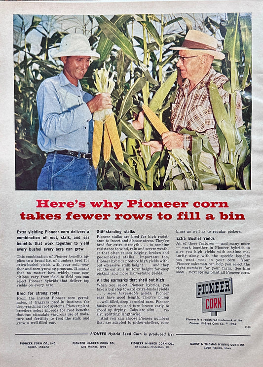 1962 Pioneer Hybrid Seed Corn Fewer Rows to Fill a Bin! Ad #1299