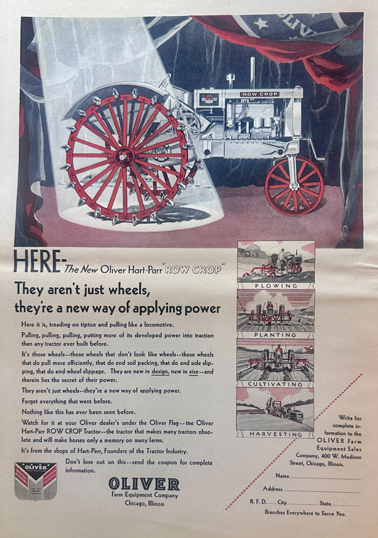 1930 Masterpiece Ad of Yesteryear - Oliver Hart-Parr Row Crop Tractor Ad #1308