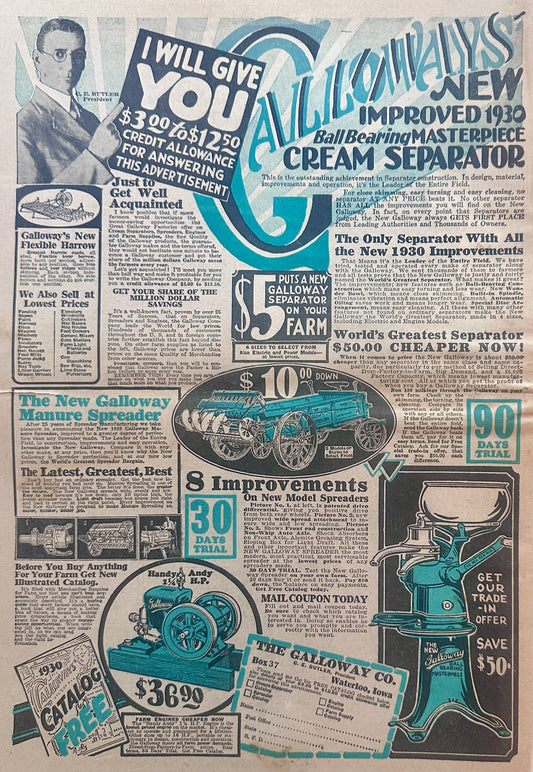 1930 Galloway Catalog of Farm Equipment - Separators, Engines + More #1309