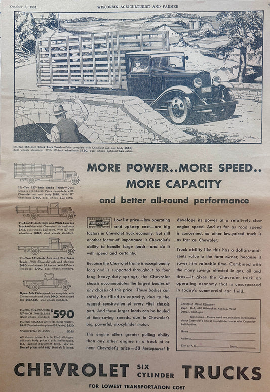 1931 Chevrolet 6-Cylinder Farm Trucks 4 Styles Shown Ad #1316