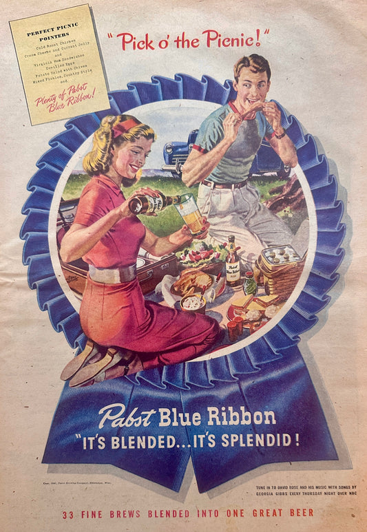 1947 Pabst Blue Ribbon (PBR) It's Blended - It's Splendid! Vintage Ad #1321