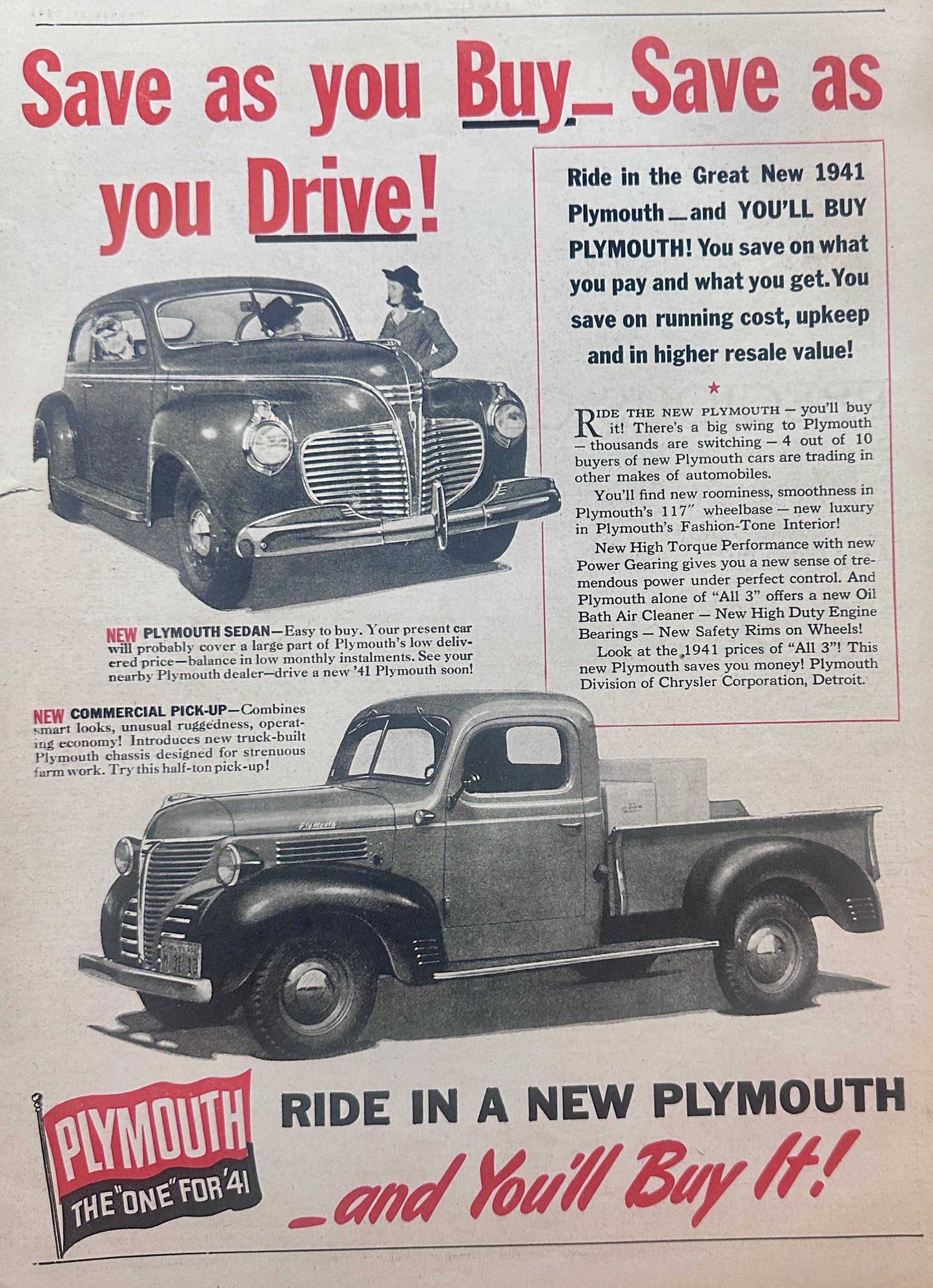 1941 Plymouth Sedan and Commercial Pick-up The "One" for '41 AD #1325