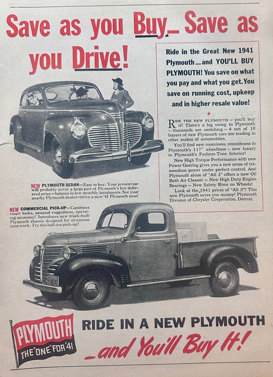 1941 Plymouth Sedan and Commercial Pick-up The "One" for '41 AD #1325