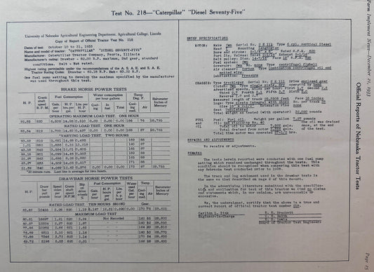 1933 Tractor Test Report #218 Caterpillar "Diesel Seventy-Five" #1394