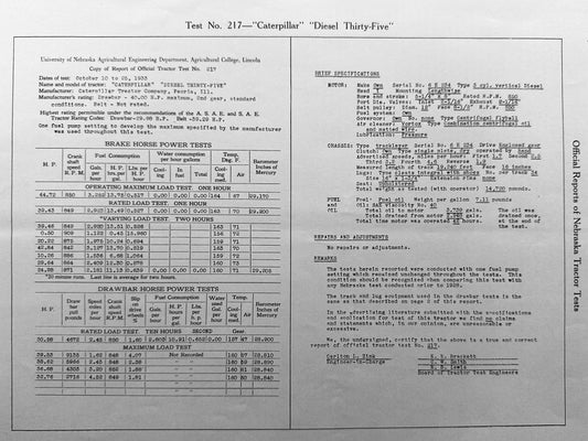 1933 University of Nebraska Tractor Test #217 Caterpllar Diesel Thirty-Five #1395