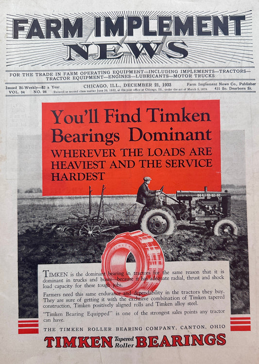 1933 Huber Tractors Equipped with Timken Tapered Roller Bearings #1396