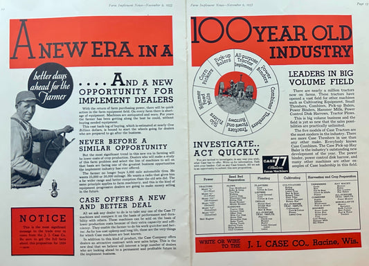1933 JI CASE 2-Page AD A New ERA in 100 YR Old Industry #1368