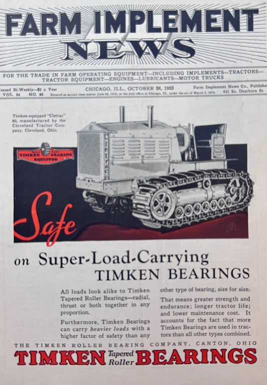 1933 CLETRAC 80 Equipped with Timken Tapered Roller Bearings Ad #1369