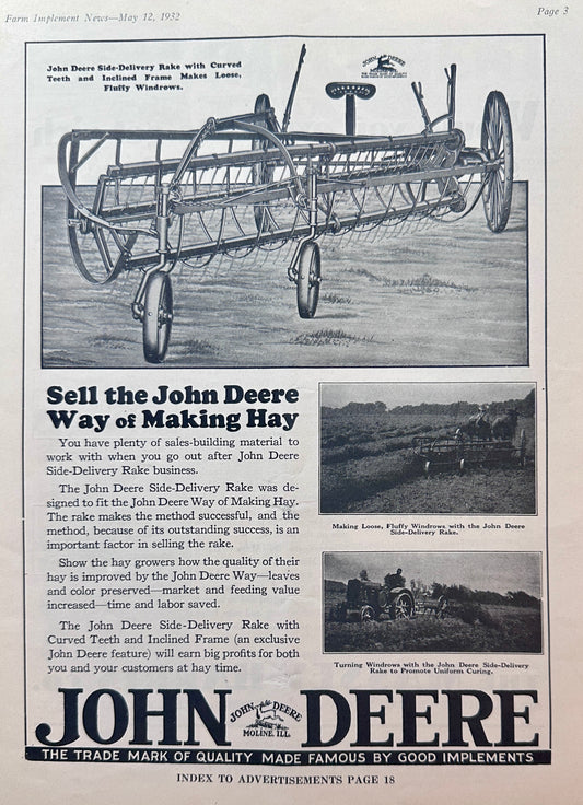 1932 Dual Farm Ads Front & Back John Deere & Massey-Harris Ad #1373