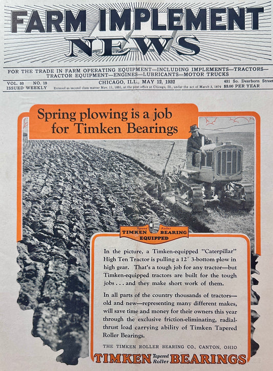 1932 Caterpillar High 10 Track-Type Tractor Plowing - Timken Equipped Ad #1374