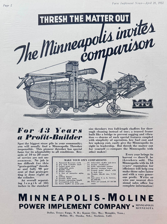 1932 Dual Farm Related Advertising At its Best Minneapolis-Moline &  Challenge #1375