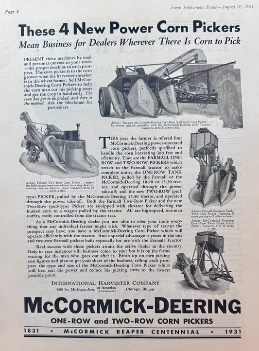 1931 Dual Farm Ads McCormick-Deering Corn Pickers And Fairbanks Model Z Engine #1377