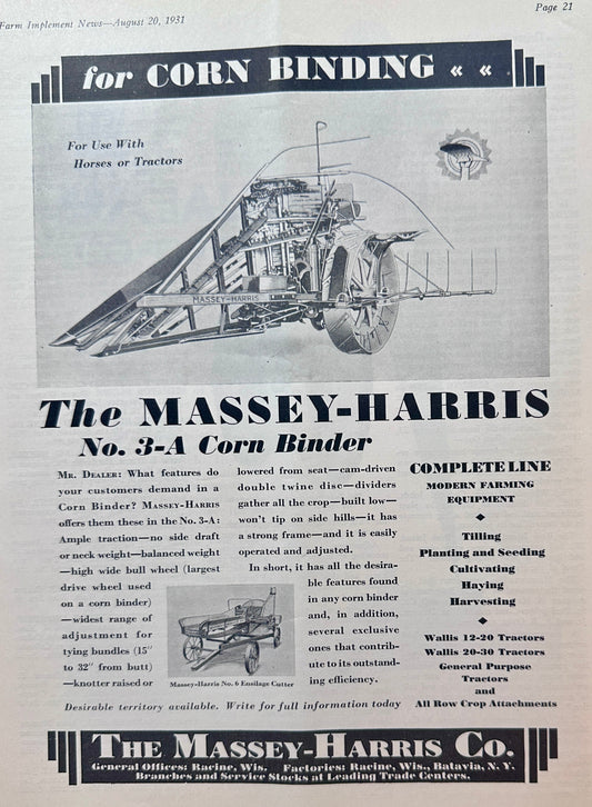 1931 Massey-Harris Model No. 3-A Corn Binder Ad # 1378