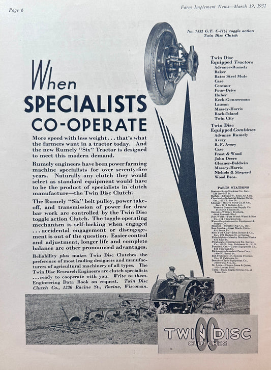 1931 Rumely "SIX" & Twin Disc Clutches Co-Operate & Myers Power Pumps Ad #1379